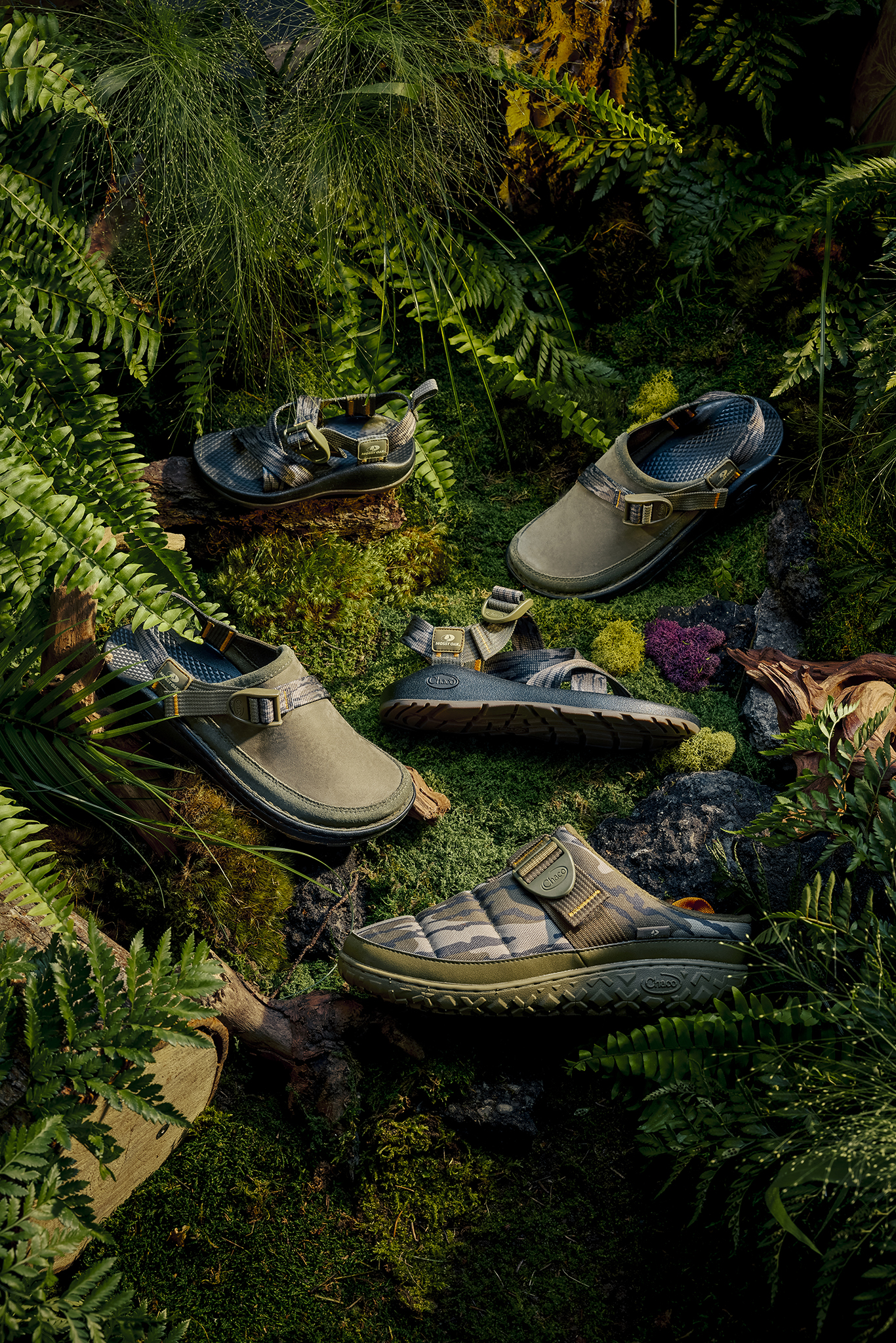 Chaco x Mossy Oak footwear in Bottomland camouflage outdoors