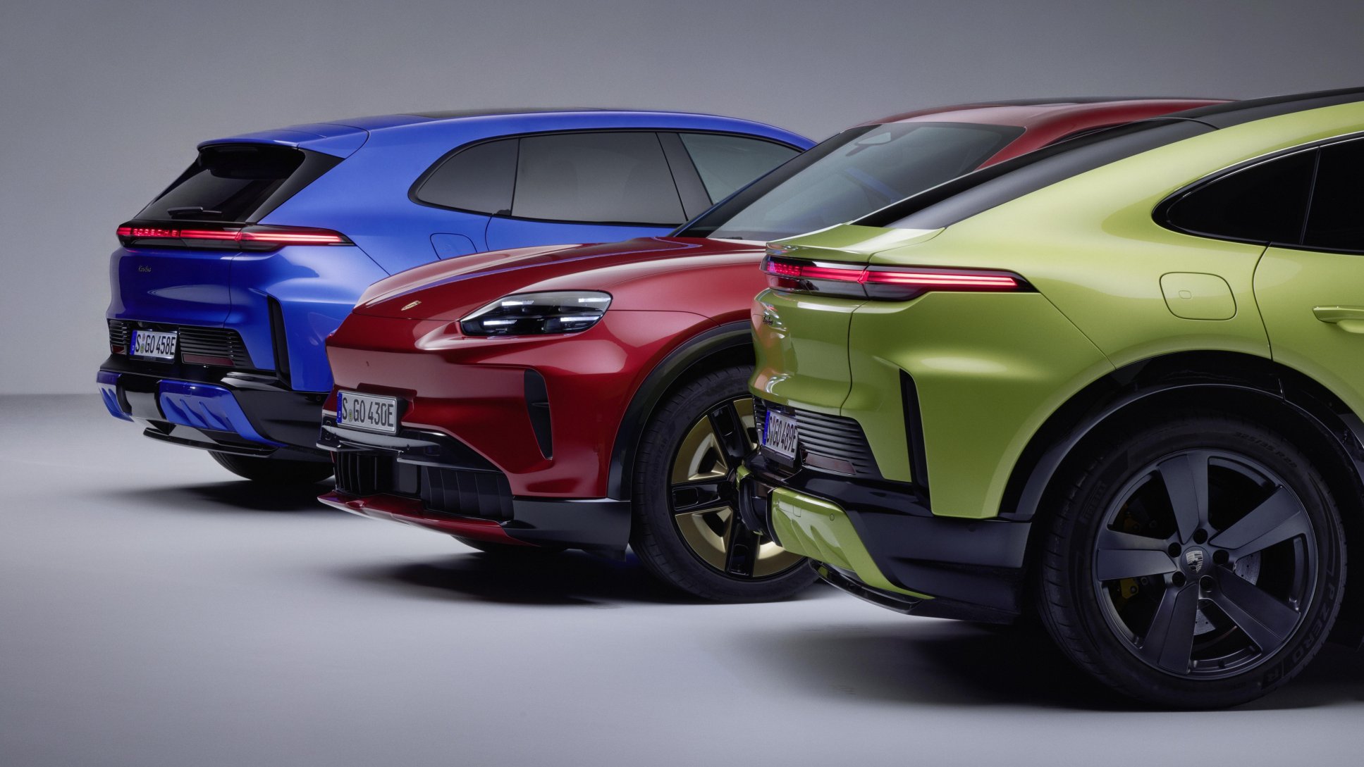Porsche Cayenne Electric models shown in three Paint to Sample colors